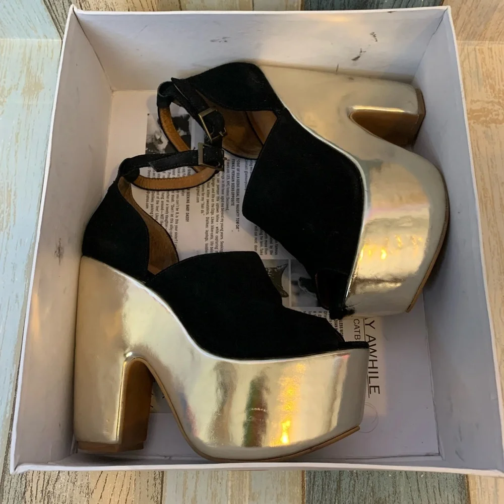 RARE Jeffrey Campbell black & gold platforms